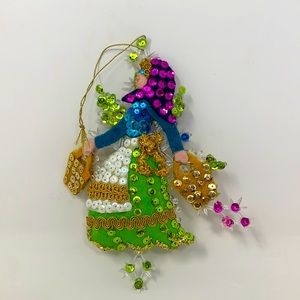 5.5” girl w bags sequins Christmas tree ornament
